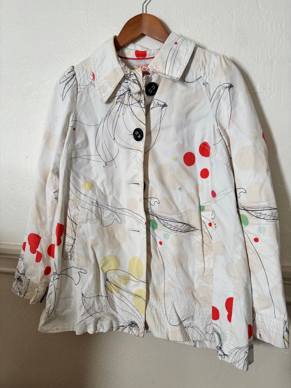 Bica Cheia Anthropologie Cream Cotton Jacket Artistic Floral Print Black Buttons